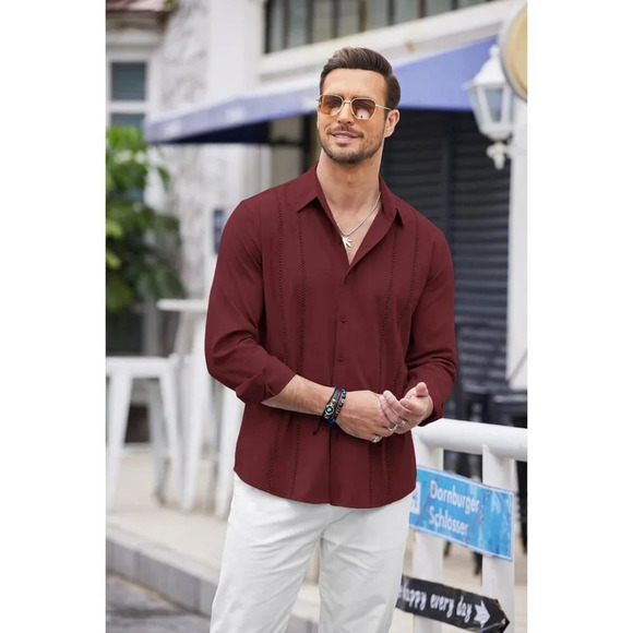 ❤️Mens Red Cuban  Shirt Casual Button Down Shirts Long Sleeve Beach Linen Shirts - Picture 3 of 6